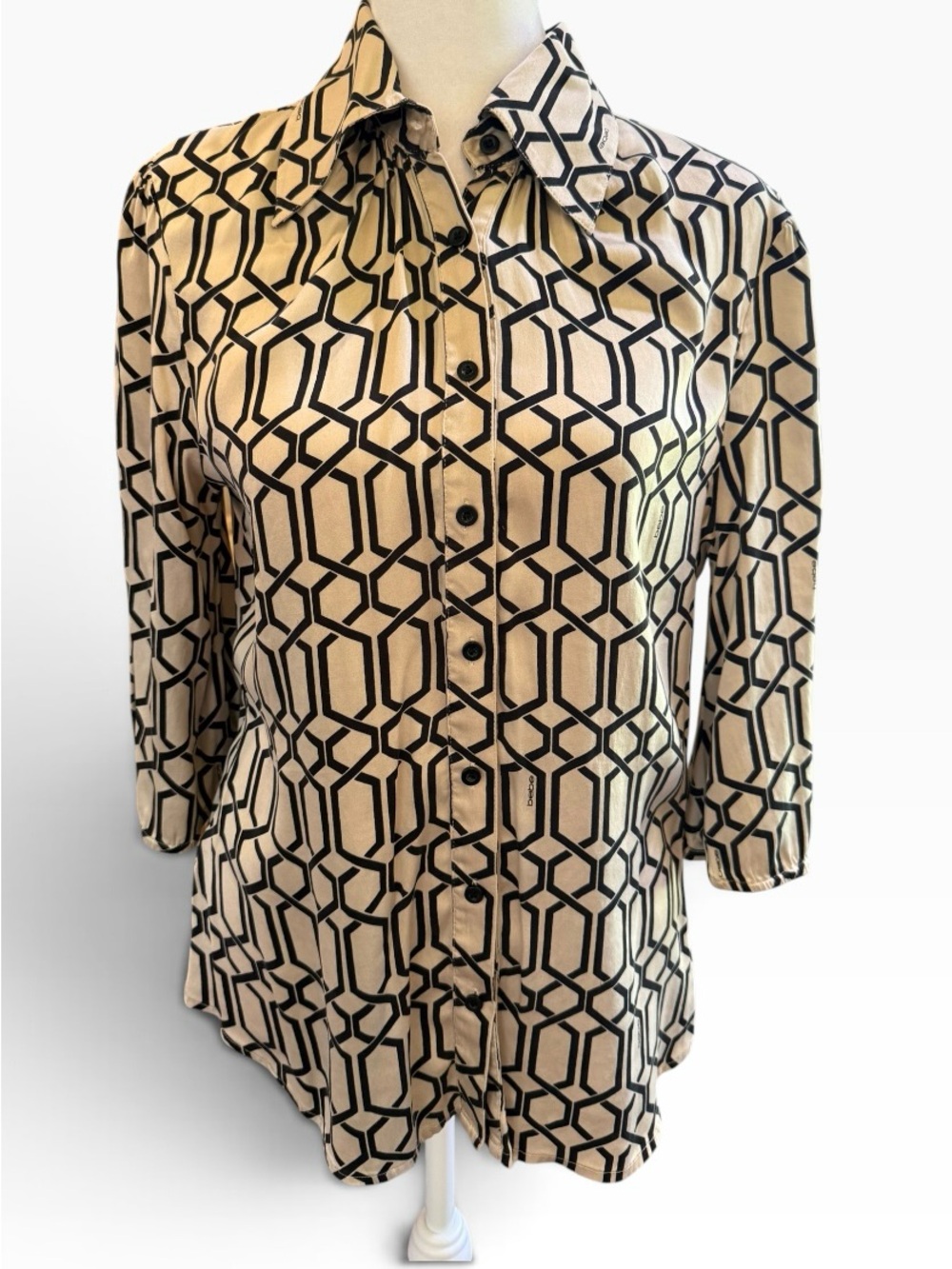 Womens Bebe silk blend Geometric Print Button-Down Shirt - Beige/Black Size Med